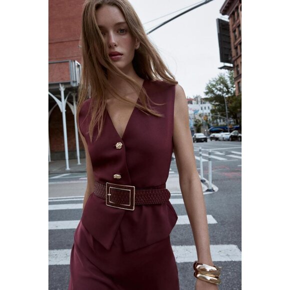 ZARA CONTRAST MIDI DRESS WITH WAISTCOAT AND BELT - Picture 1 of 8